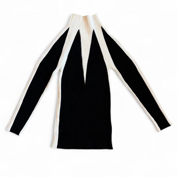 90s mod fitted black/white ribbed sweater – geometric monochrome statement - Picture 3 of 8